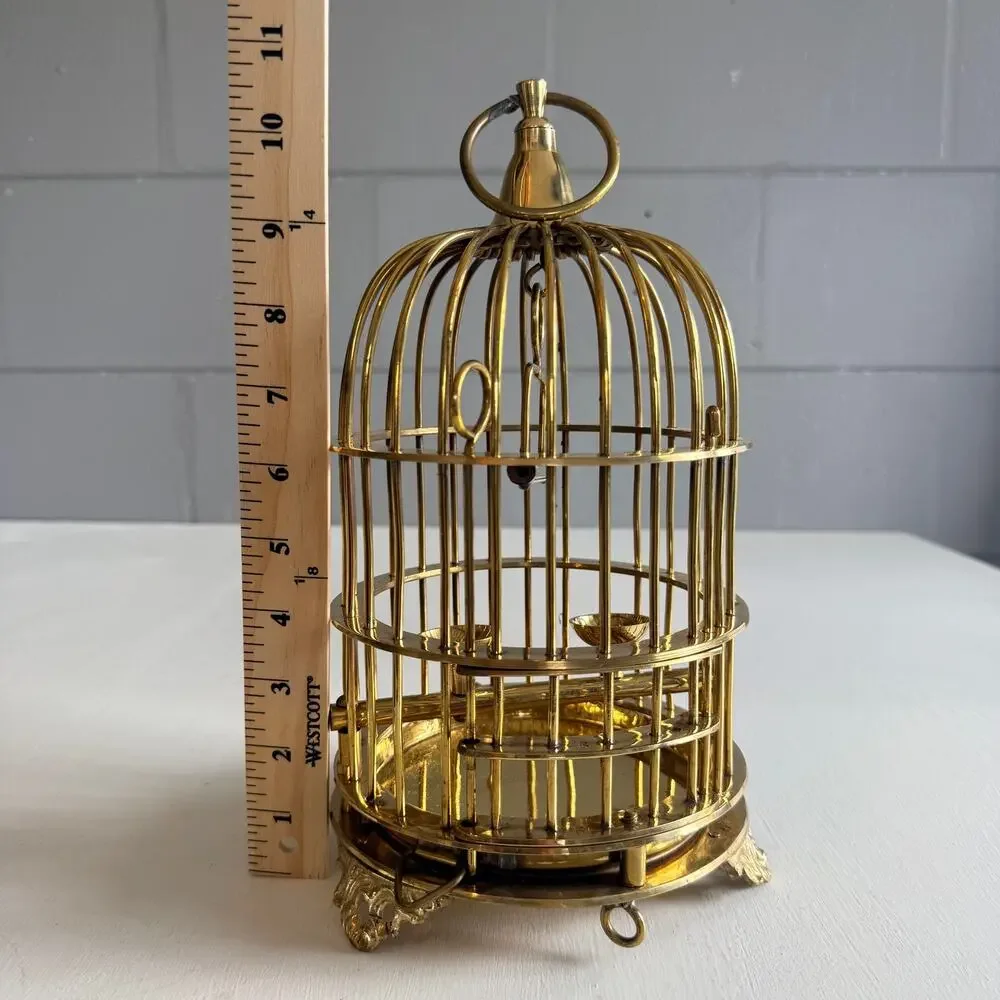 Vintage Solid Brass Bird Cage | Mid-Century Decorative Hanging Cage with Perch